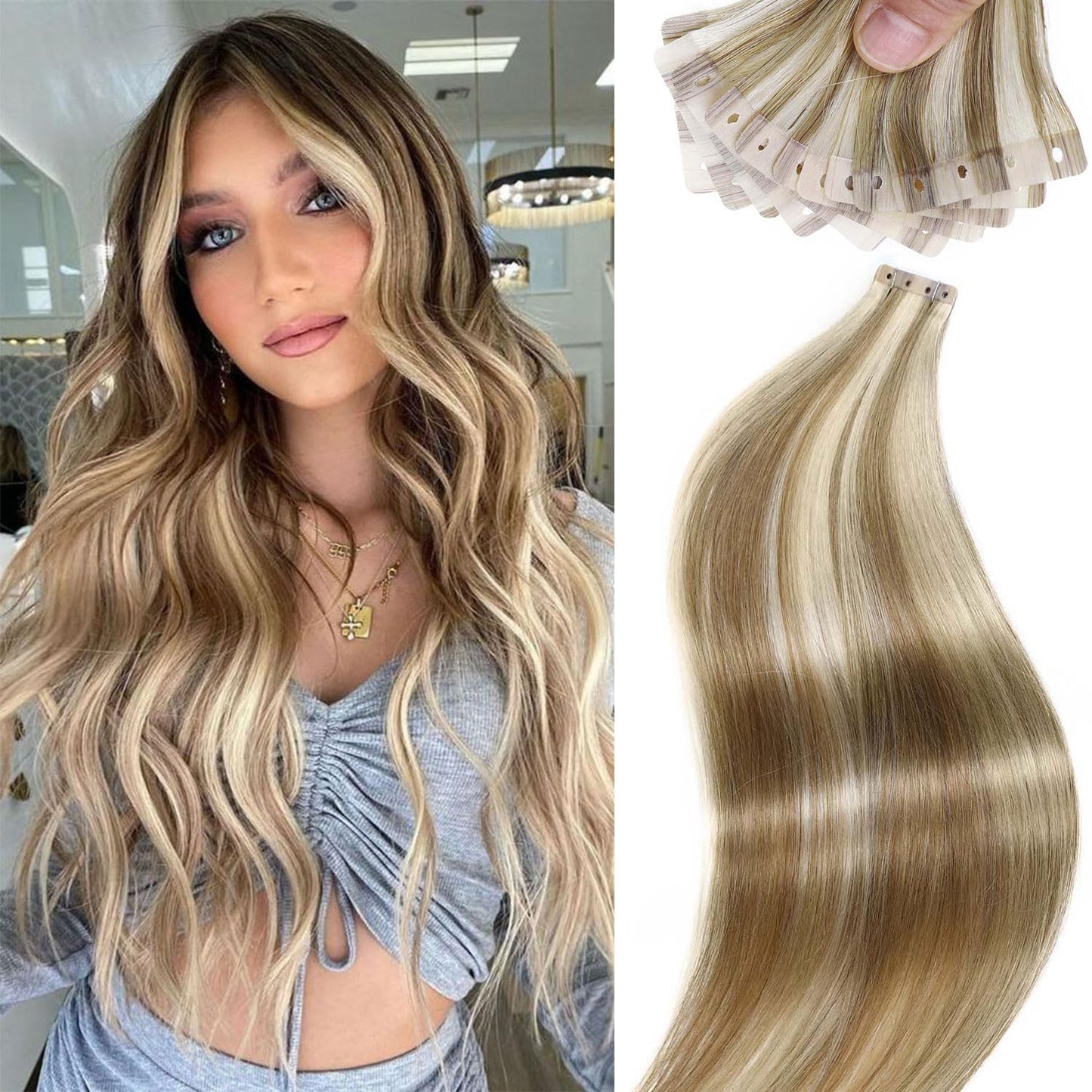 FANCEE OVO Hair Extensions Real Human Hair PU Holes Wefts with Micro Beads Blonde Highlight Volume Upgrade Butterfly Seamless Weft Invisible Beaded Hair Extension with Tools(40g 20Pcs, 14 Inch)