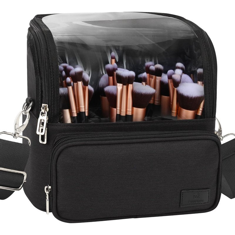 TANTO Makeup Brush Bag, Makeup Brush Holder Travel Extra Large Make up Brush Organizer Case Stand-up Makeup Cup Foldable Pro Cosmetic Artist Storage Bags with Adjustable Divide (01A-Black,X Large)