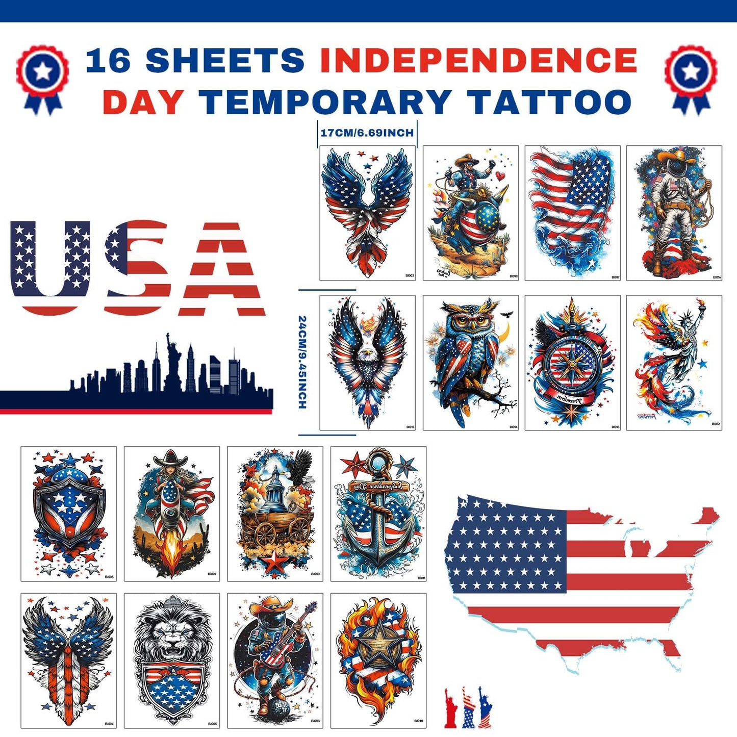 16 Sheets Independence Day Temporary Tattoos, USA Flag Patriotic Tattoos