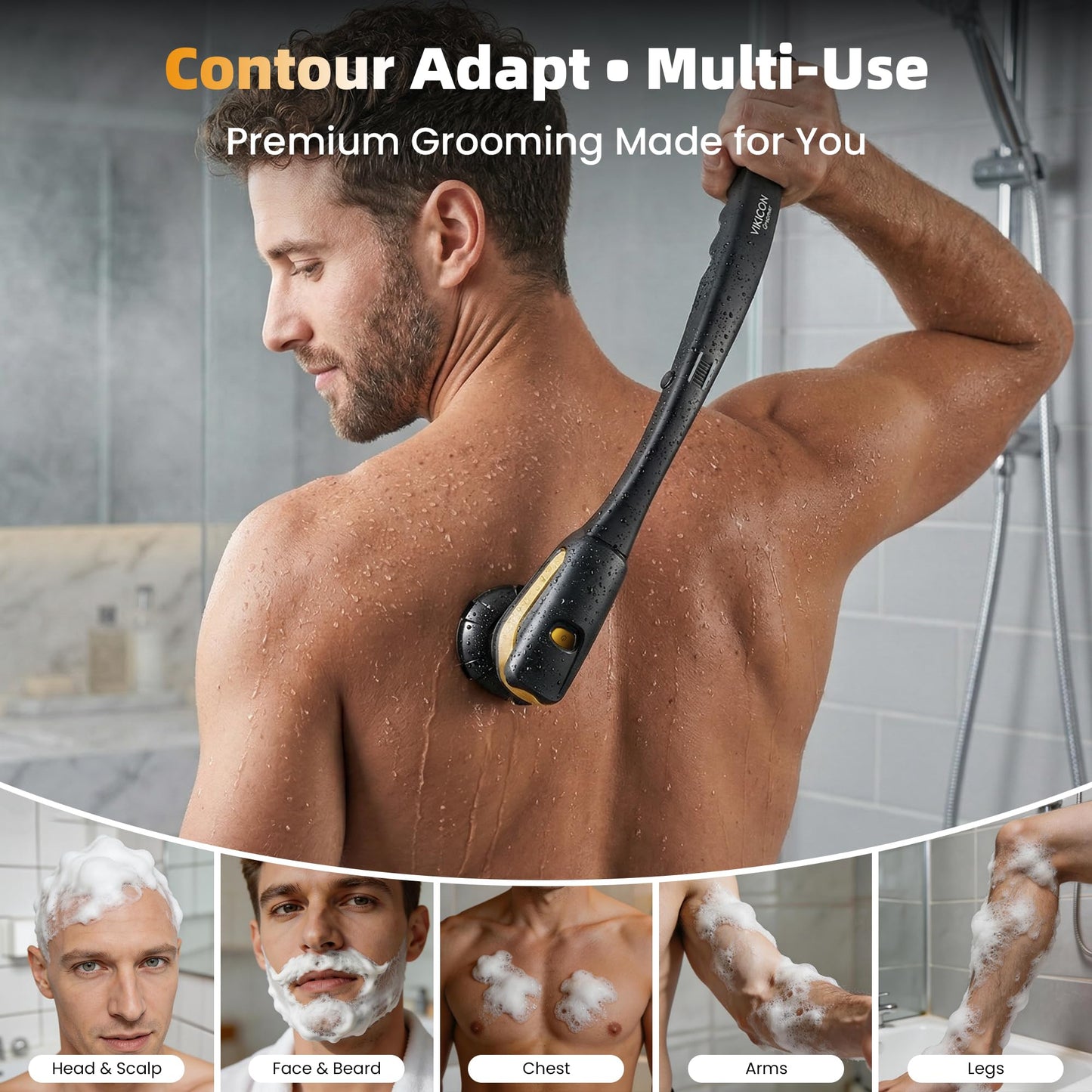 Back Shaver for Men: Long Foldable Handle Electric Back Razor with 6D No-Scratch Shaving - Waterproof Grooming Kit for Body/Beard/Head/Face Hair Removal, Gifts for Husband Dad (Black)