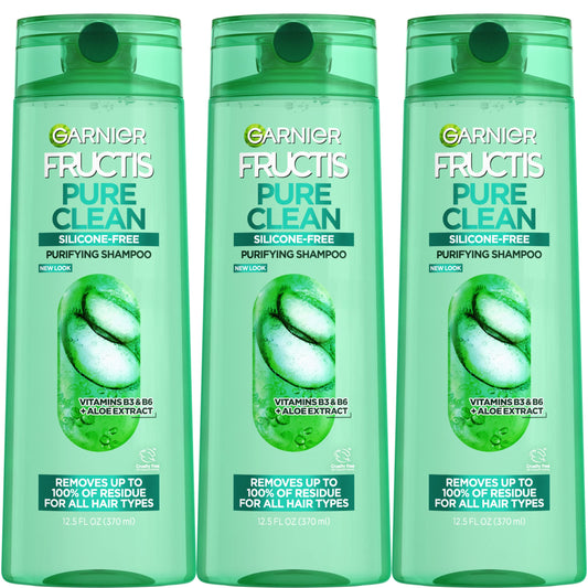 Garnier Fructis Pure Clean Purifying Shampoo, Silicone-Free, 12.5 Fl Oz, 3 Count (Packaging May Vary)
