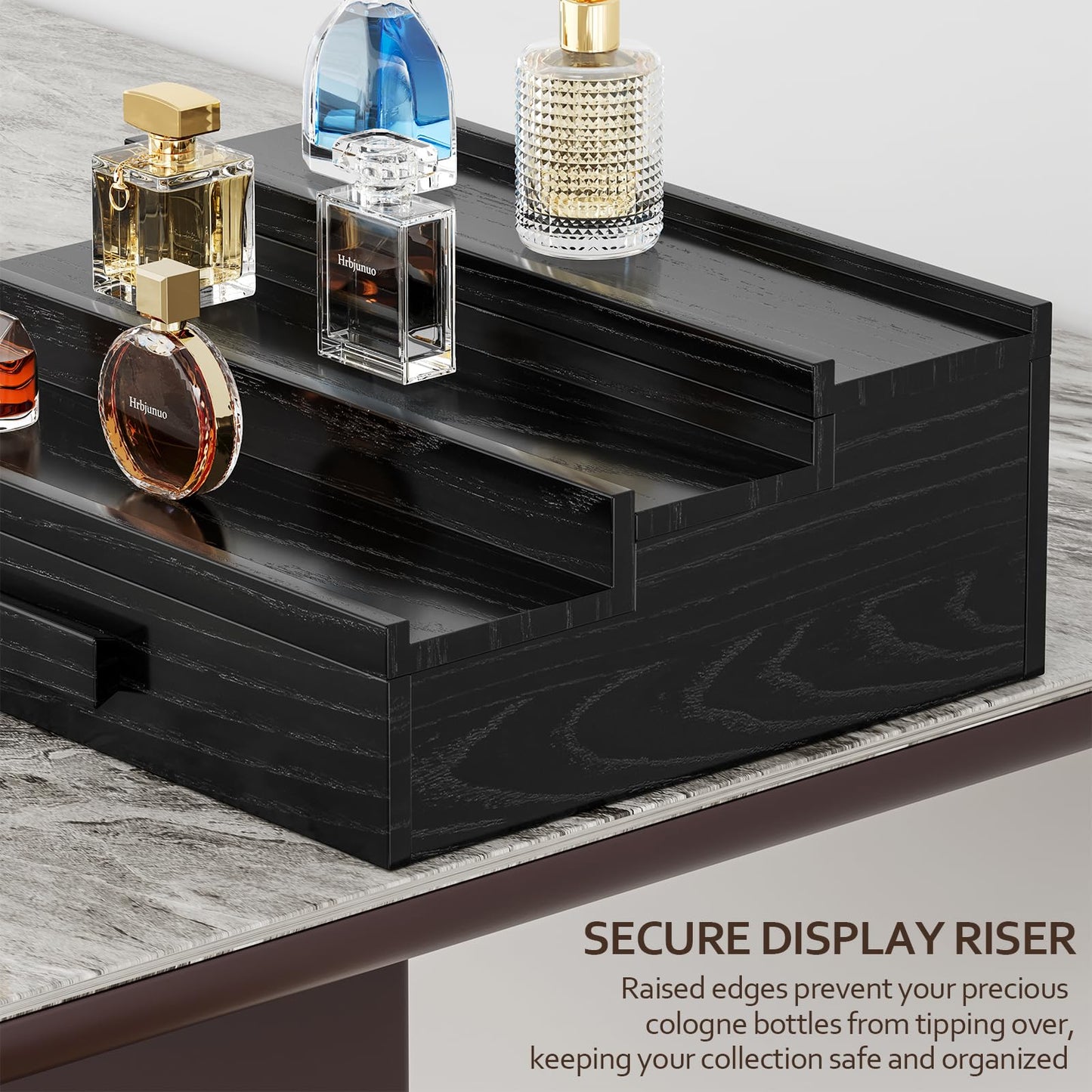 Hrbjunuo Solid Walnut Cologne Organizer for Men,3 Tier Cologne Stand,Wooden Cologne Holder Display Shelf with Drawer Storage and Hidden Compartment,Black Perfume Stand Organizer,Gifts for Men Husband