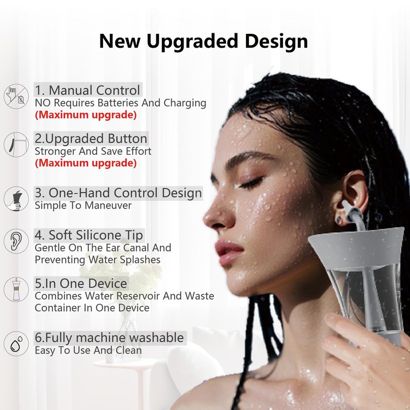 Manual Ear Wax Removal Kit - One-Hand Control Ear Cleaner Tool, Easy to Use Ear Irrigation Flushing System with Soft Silicone Tip for Effective & Safe to Clean Ear Built Up Wax Home Use(Gray)