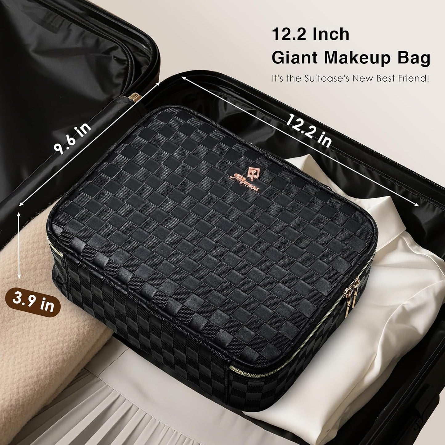 LED Lighted Makeup Bag - 12.2" Travel Cosmetic Organizer with Adjustable Brightness | Black Checkerboard Design, Dividers & Brush Holder