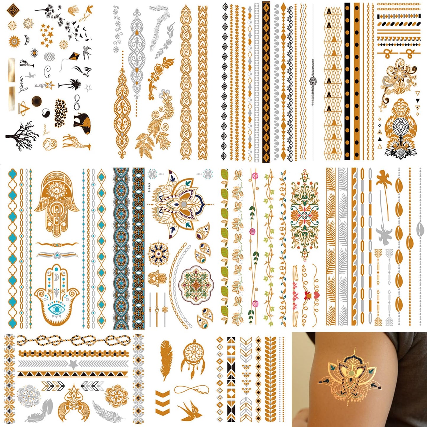 10 Sheet Gold Silver Metallic Temporary Tattoos for Adult Women, Gold Silver Glitter Flash Waterproof Tattoo Stickers for Beach, Festivals,Parties Tattoos Decorations Q976