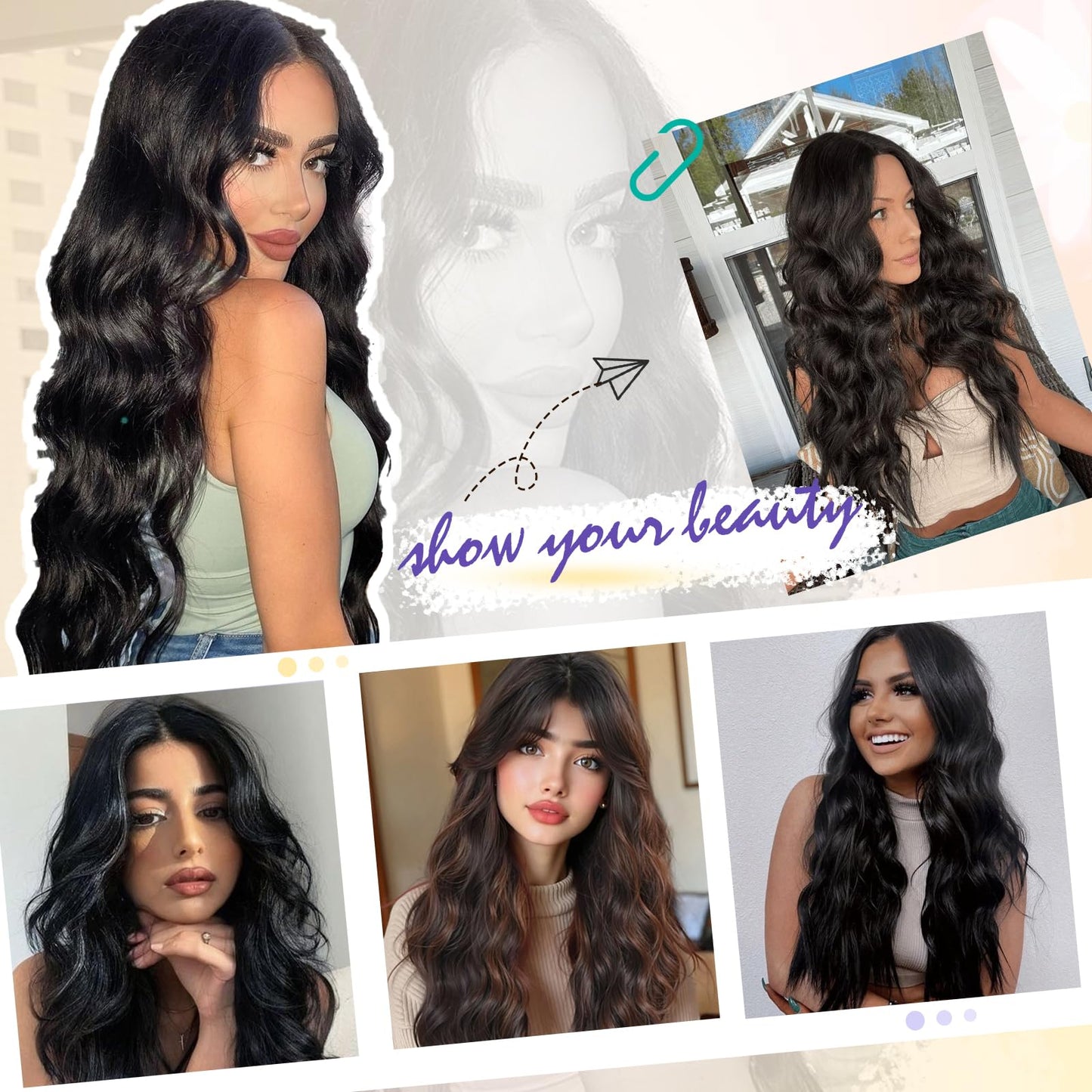 SCENTW Black Wig for Women Hand-Tied Lace Synthetic Lace Front Wig Long Wavy with 4x1 Lace Natural Hairline Middle Part Synthetic wig for Daily Party Beginners