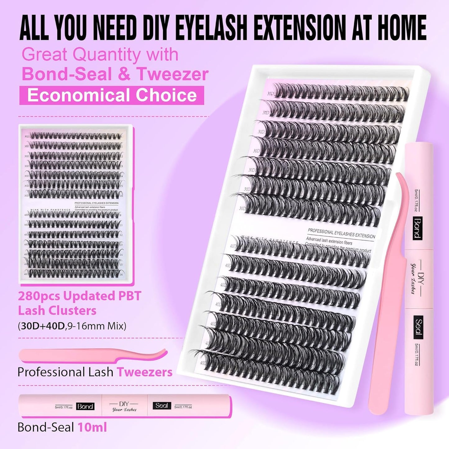 Eyelash Extension Kit - 280pcs Individual Cluster Lashes | 9-16mm with Bond & Seal