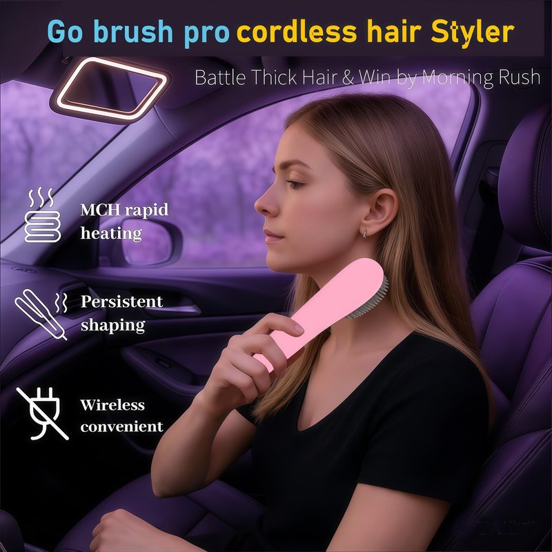 Go Brush Pro Cordless Portable Hair Straightener Brush - 30s Quick Heat, 150M Negative Ions, USB-C Rechargeable, 7000mAh - Pink for Women & Travel