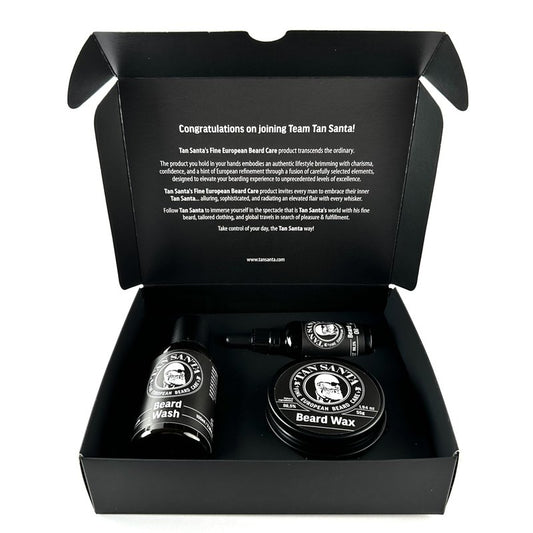 Tan Santa Beard Care Kit for Men - 3 pack - Beard Oil, Beard Wash, and Beard Wax. Small batch European formulations