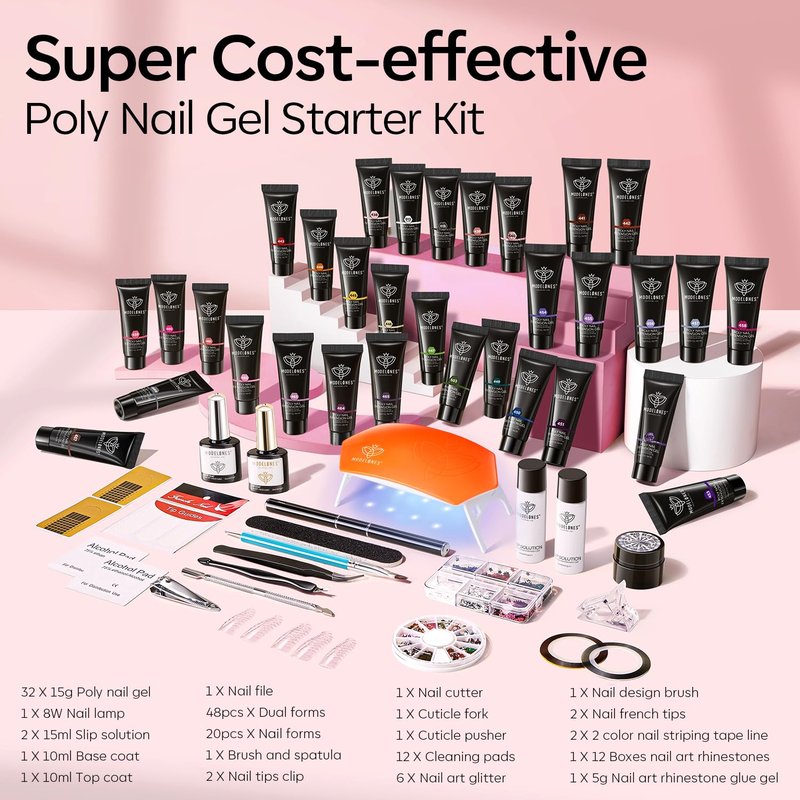 Modelones Poly Extension Gel Nail Kit - 133 Pcs with 32 Colors, Nail Forms & Lamp for DIY Manicure