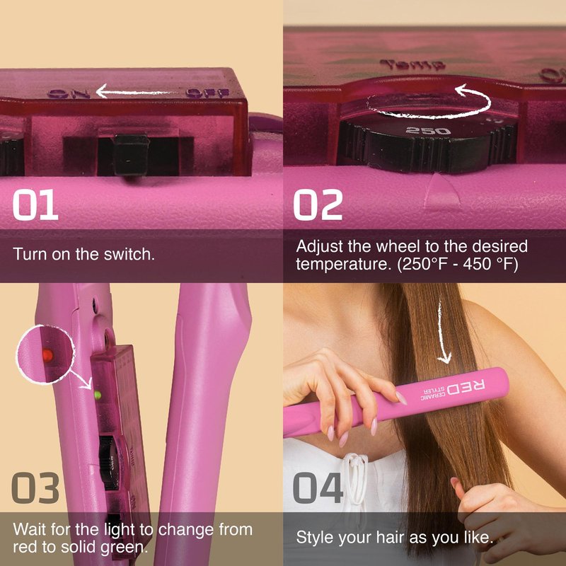 Red by Kiss 1" Ceramic Styler Flat Iron, Up to 450 F Variable Heat Settings for Silky Smooth Hair, Professional Ceramic Plates, Tangle-Free Swivel Cord (Pink)