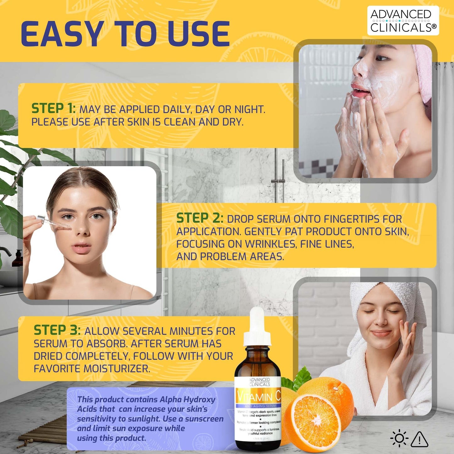 Advanced Clinicals Retinol Anti-Aging Facial Serum + Vitamin C Brightening Facial Serum + Hyaluronic Acid Hydrating Facial Serum Set
