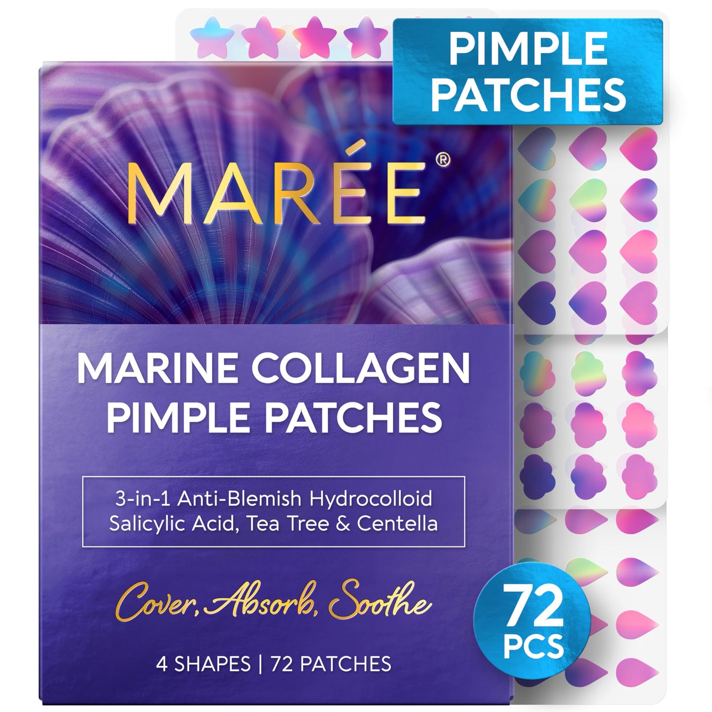 MAREE Star Pimple Patches for Face - Hydrocolloid Acne Patches w/Salicylic Acid, Tea Tree Oil & Centella - Cute Pimple Patches Stars - Teens Zit Patches Stickers - Parches Para Acne - 72 Blemish Dots