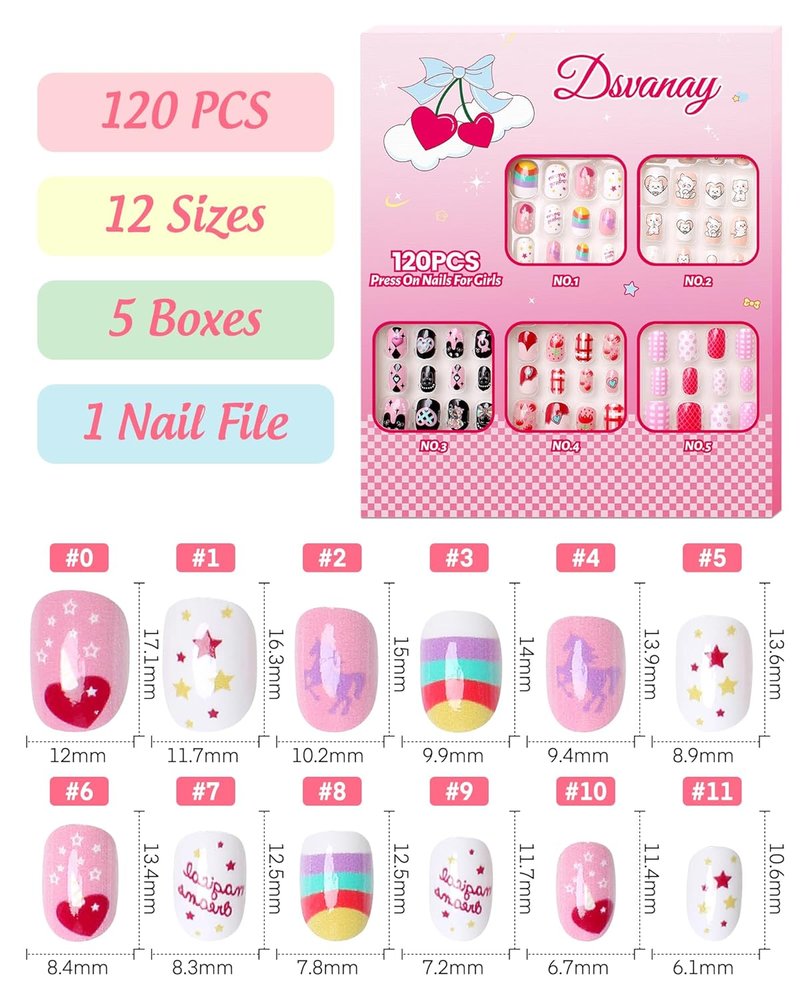 Press On Nails for Kids - 120PCS Glitter Nail Kit | Reusable Full Cover Designs for Ages 8-12