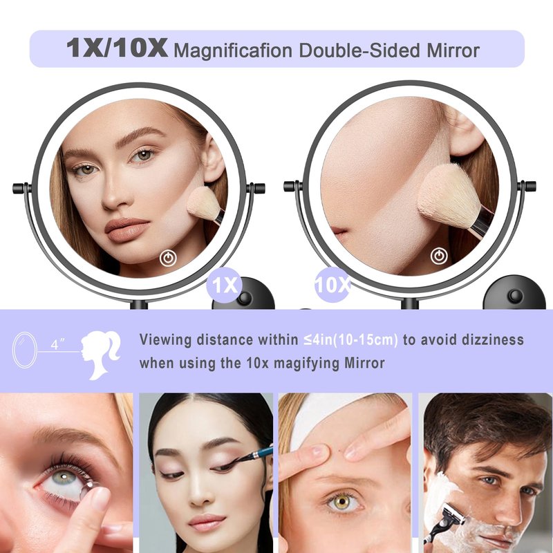 8“Wall Mounted Makeup Mirror With Lights, 10x Magnifying Mirror Wall Mount for Vanity, Bathroom and Shaving, Rechargeable Wall Mounted Makeup Mirror Swing Arm with Adjustable Brightness (Black-10X)