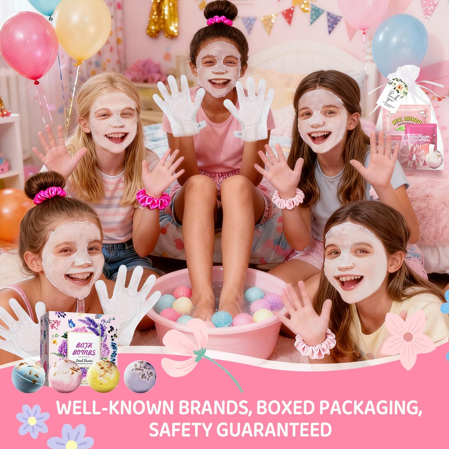 60PCS Spa Party Favors Kit Include Face Masks Skincare,Hand Masks,Lip Mask,Under Eye Patches,Lip Balm,Foot Bath Bombs,Hand Cream,Spa Sleepover Party Supplies for Christmas