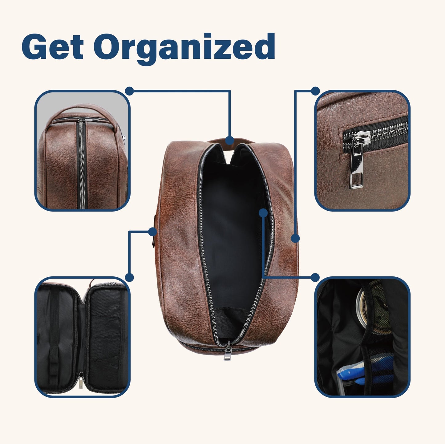 emissary Leather Travel Toiletry Bag for Men, Dopp Kit - Coffee