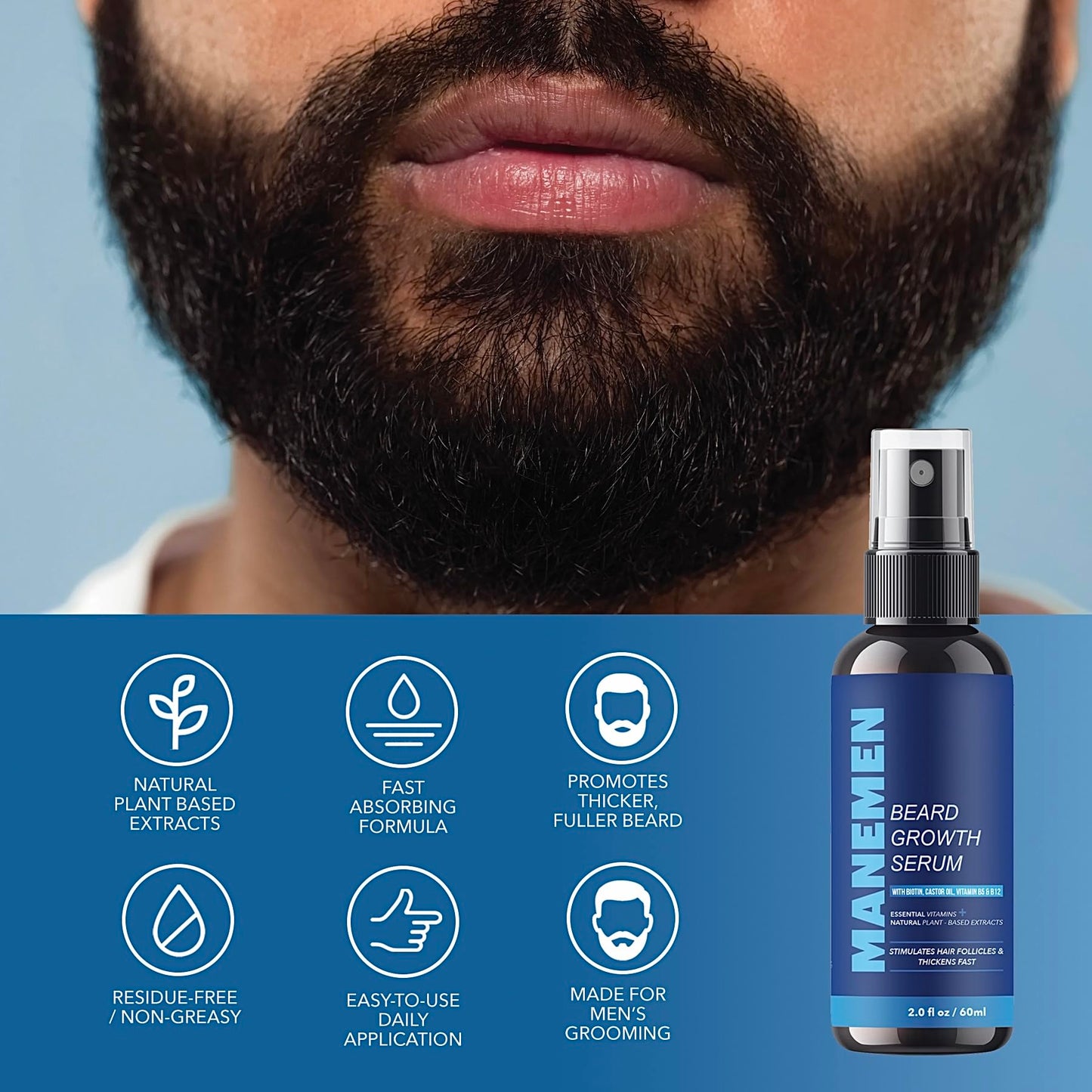 Manemen Beard Growth Serum Spray- Biotin, Castor Oil, Vitamin B5 & B12 - Natural Hair Regrowth Beard Oil Formula for Thicker, Fuller, Stronger Beard - Stimulates Hair Follicles & Supports Fast Growth
