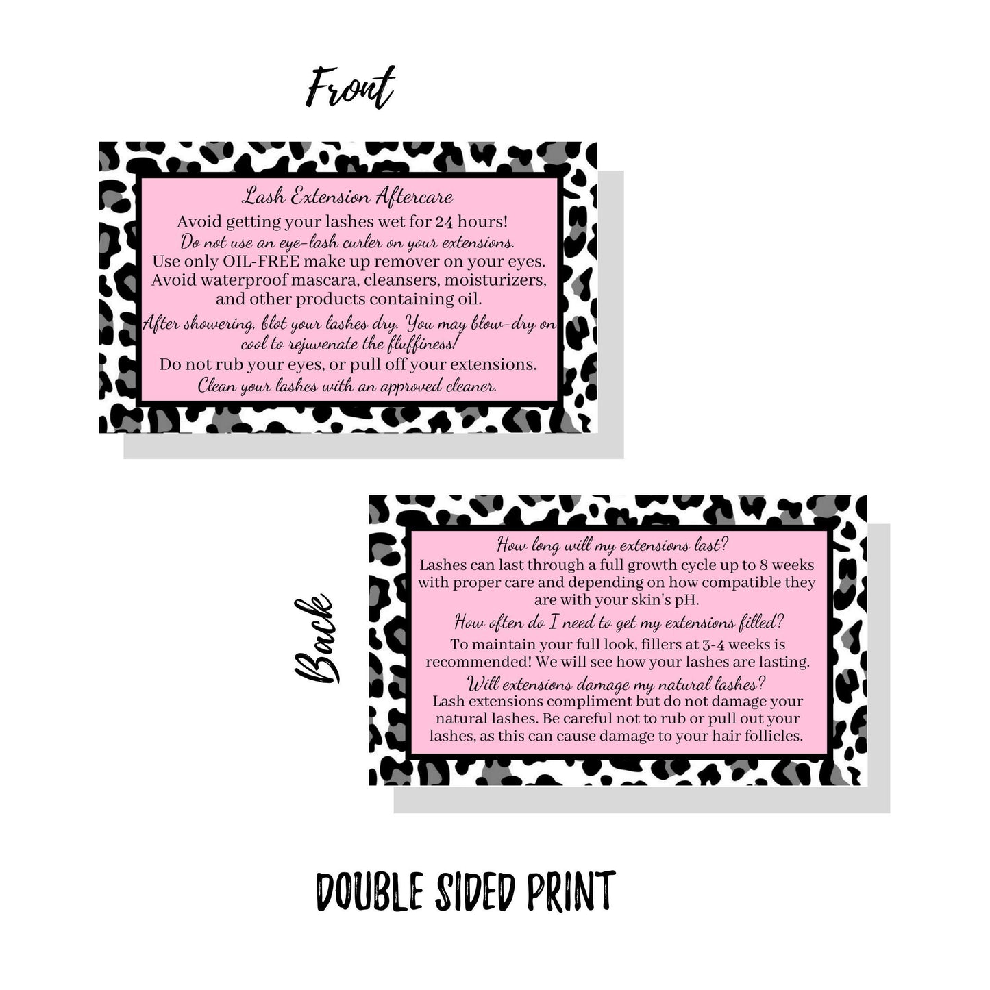 Lash Extension Aftercare Instructions Cards | Package of 50 | Leopard Print with Pink Inlay Design Double Sided Size 3.5 x 2" inches After Care (3-4 Week Fillers)
