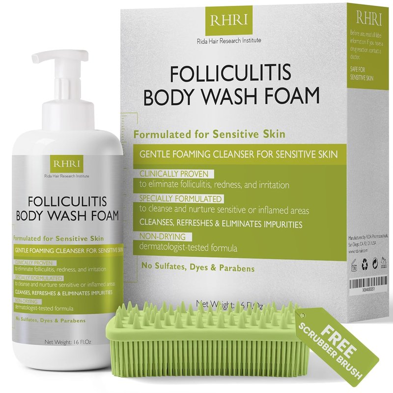 Folliculitis Treatment Body Wash - Foaming Cleanser for Sensitive Skin | Redness Relief, Sulfate-Free with Bonus Scrubber Brush