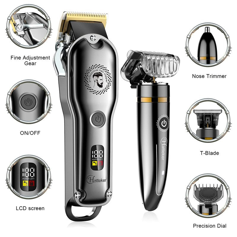 Hatteker Hair Clipper Cordless Barber Clipper T-Blade Beard & Nose Trimmer Grooming Kit Professional IPX7 Waterproof