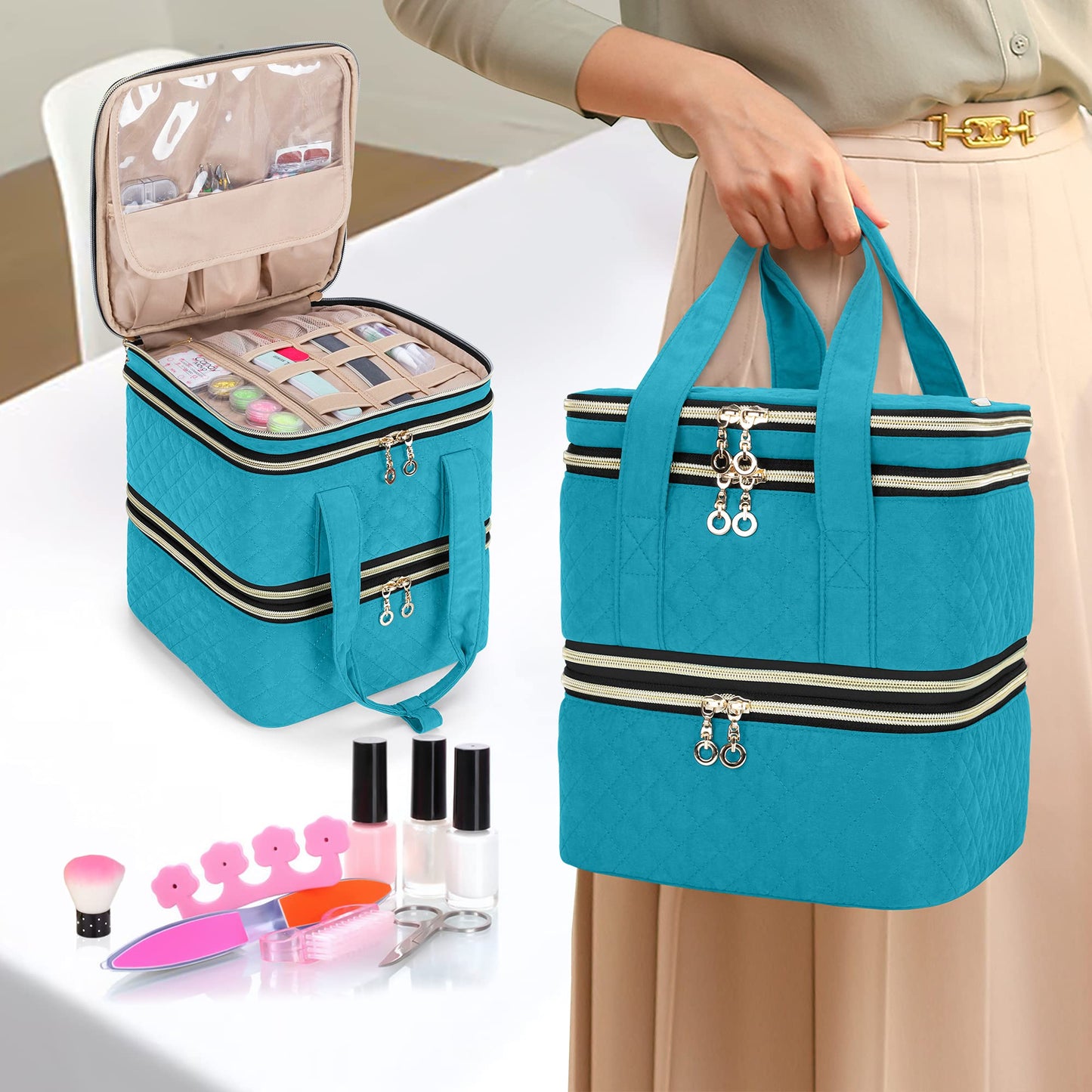 Yarwo Nail Polish Organizer - 72 Bottle Case (15ml/0.5 fl.oz), Detachable 3-Layer Storage Bag with Removable Dividers for Nail Lamp & Tools, Teal