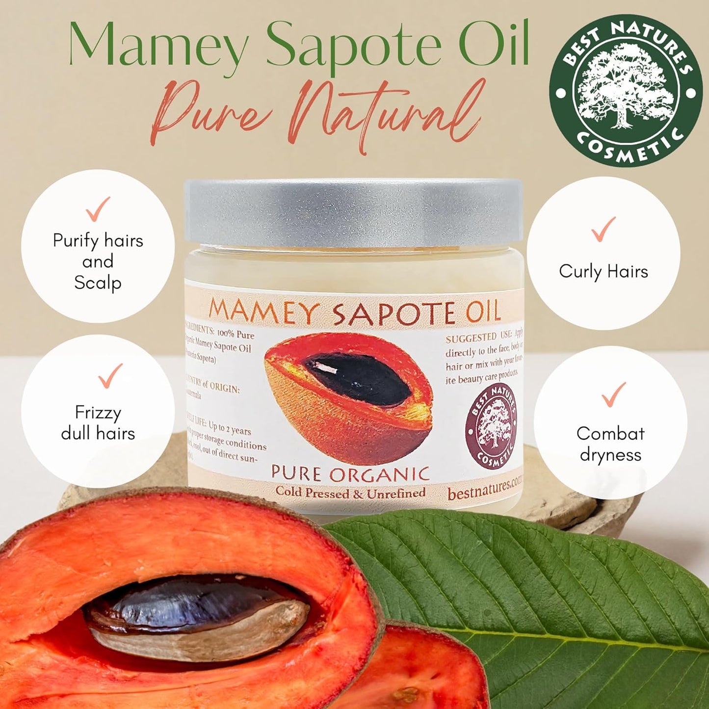 Nature's Cosmetics Mamey Sapote Oil - Organic Cold Pressed Hair & Skin Oil for Curly Hair | 5 fl oz / 150 ml
