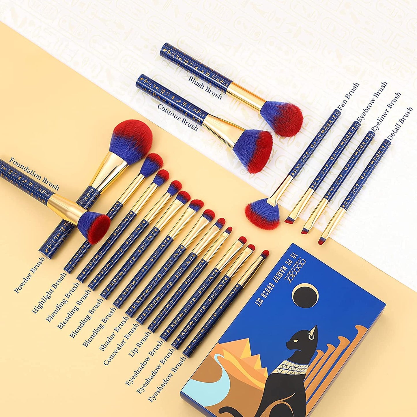 Docolor Makeup Brushes 19Pcs Makeup Brush Set Premium Gift Synthetic Powder Kabuki Foundation Contour Blush Concealer Eye Shadow Blending Liner Make Up Brush Kit, Ancient Egyptian Series