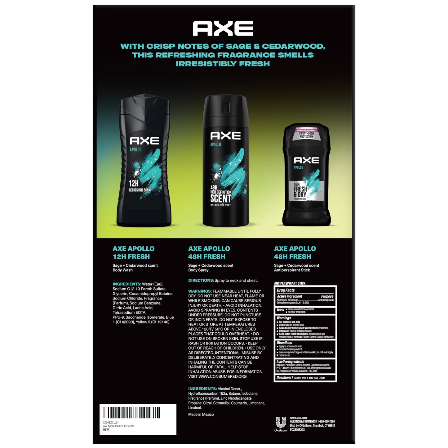 AXE Apollo Body Care Gift Set – Men’s Body Wash, Body Spray & Deodorant Set, Sage and Cedarwood (3 Piece Set)