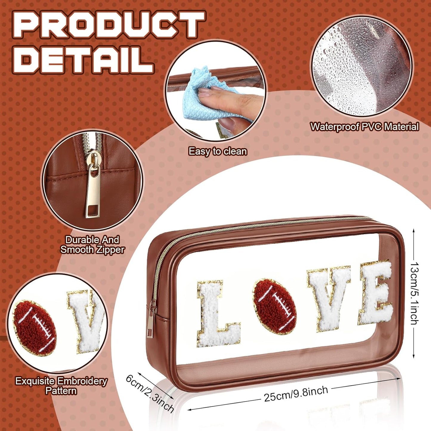 Football Gifts - 6 Pcs Clear Makeup Bag Set with Chenille Letter Patch | Waterproof PVC Organizer for Sports Party Favors