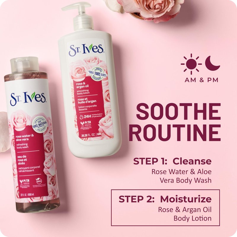 St. Ives Smoothing Hand & Body Lotion for Women with Pump, Daily Moisturizer Rose and Argan Oil for Dry Skin, Made with 100% Natural Moisturizers, 21 fl oz, 4 Pack