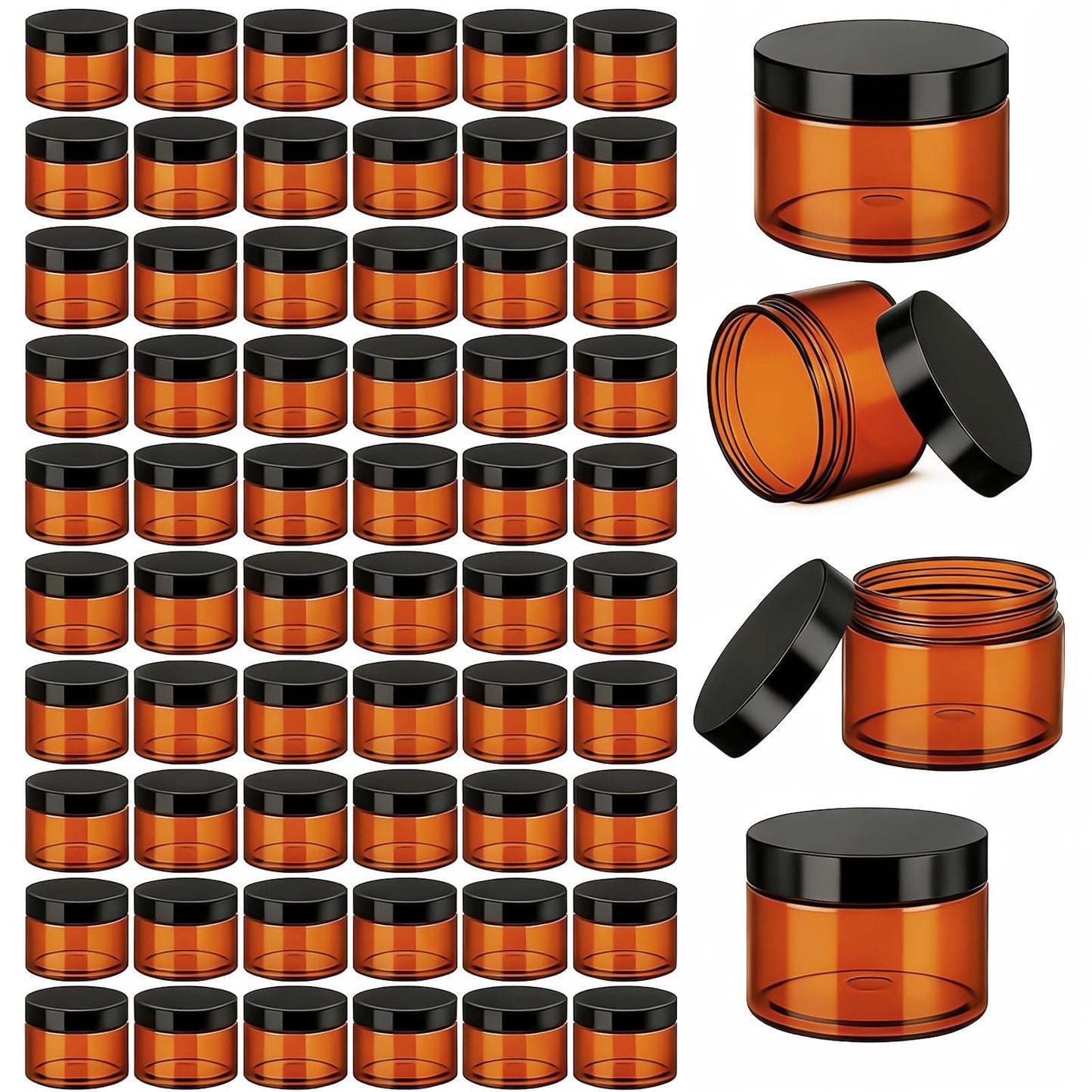 Patelai 60 Pcs Plastic Containers with Lids, Round Leakproof Cosmetic Containers, Multipurpose Storage Jars for Makeup, Lotion, Ointment, Rhinestone Samples, Dry Food and Toiletries(Amber,6 oz)