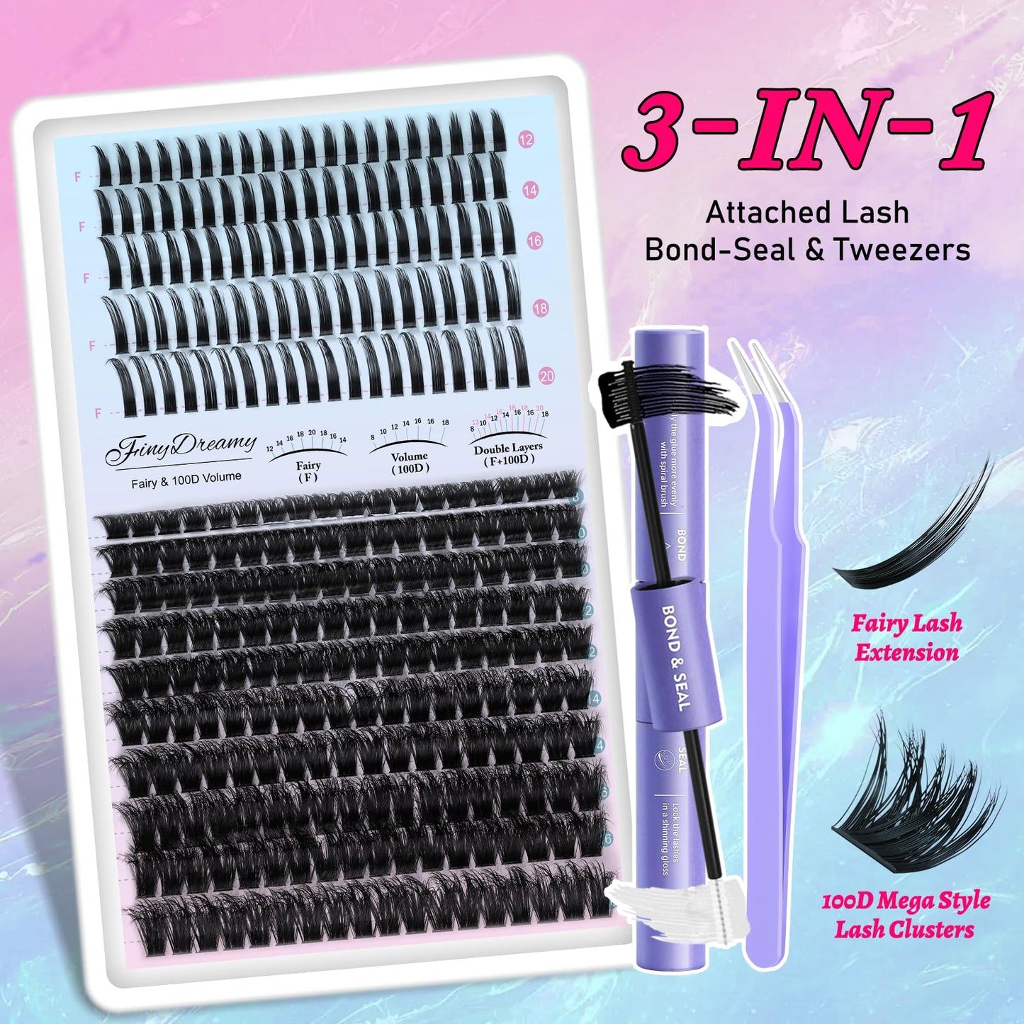 Lash Clusters Kit with Spikes 100D Wispy Long 8-20mm Lash Spikes DIY Thick Cluster Eyelash Extensions Spiky Manga Individual Lashes 280pcs Fairy with Bond & Seal, Tweezers