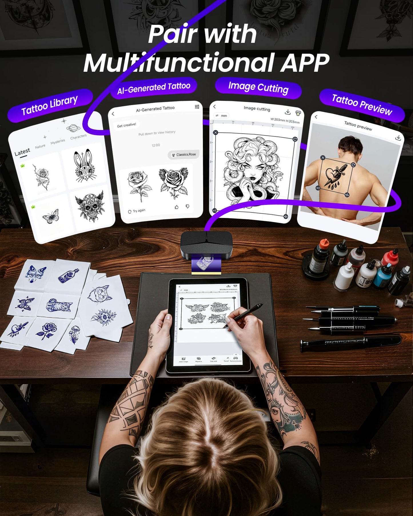 TATTMUSE Tattoo Stencil Printer for Beginners, Mini Tattoo Printer with 30 Pcs Transfer Paper, Bluetooth Stencil Printer Compatible with Phone & Tablet, Tattoo Machine Kit for Professional