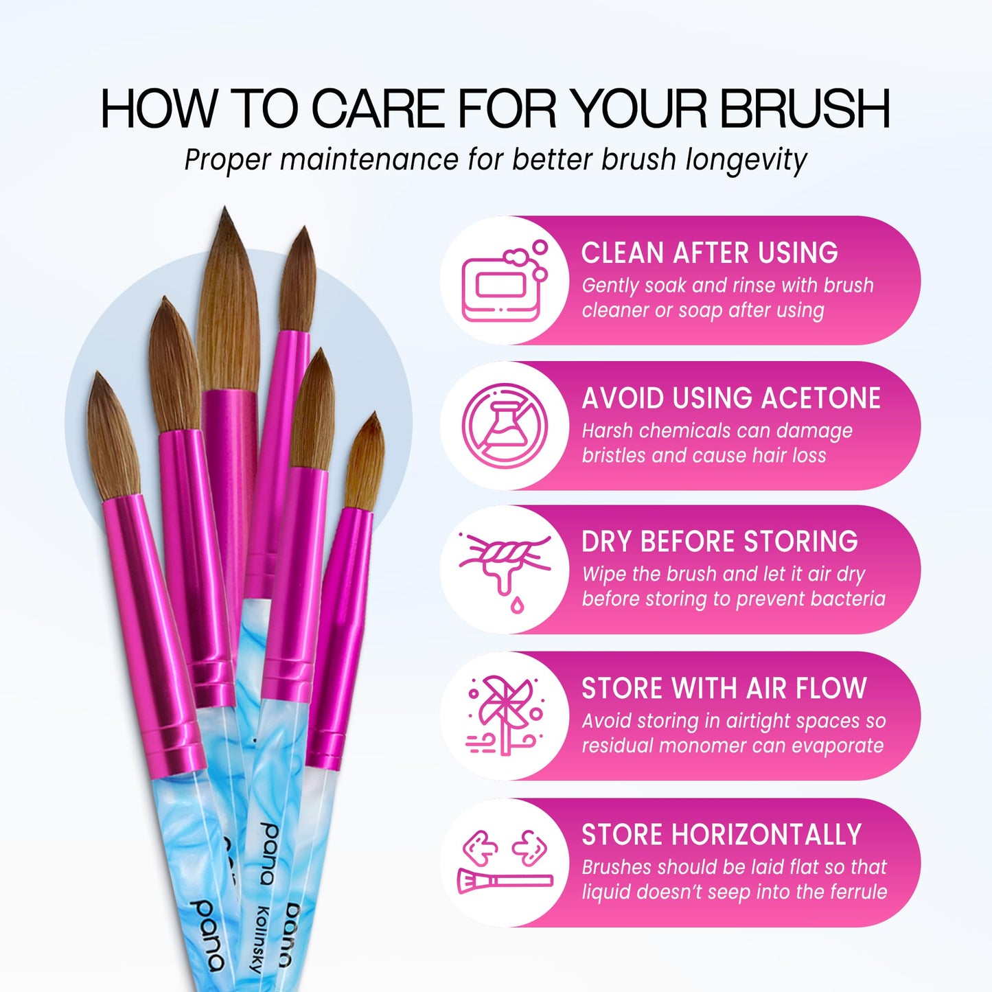PANA USA Acrylic Nail Brush Pure Kolinsky Hair Acrylic White Swirl Blue Handle with Pink Ferrule Round Shaped - Size 12