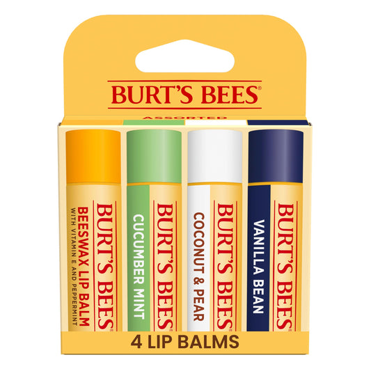 Burt's Bees 100% Natural Moisturizing Lip Balm, Multipack - Original Beeswax, Cucumber Mint, Coconut & Pear and Vanilla Bean with Beeswax & Fruit Extracts - 4 Tubes