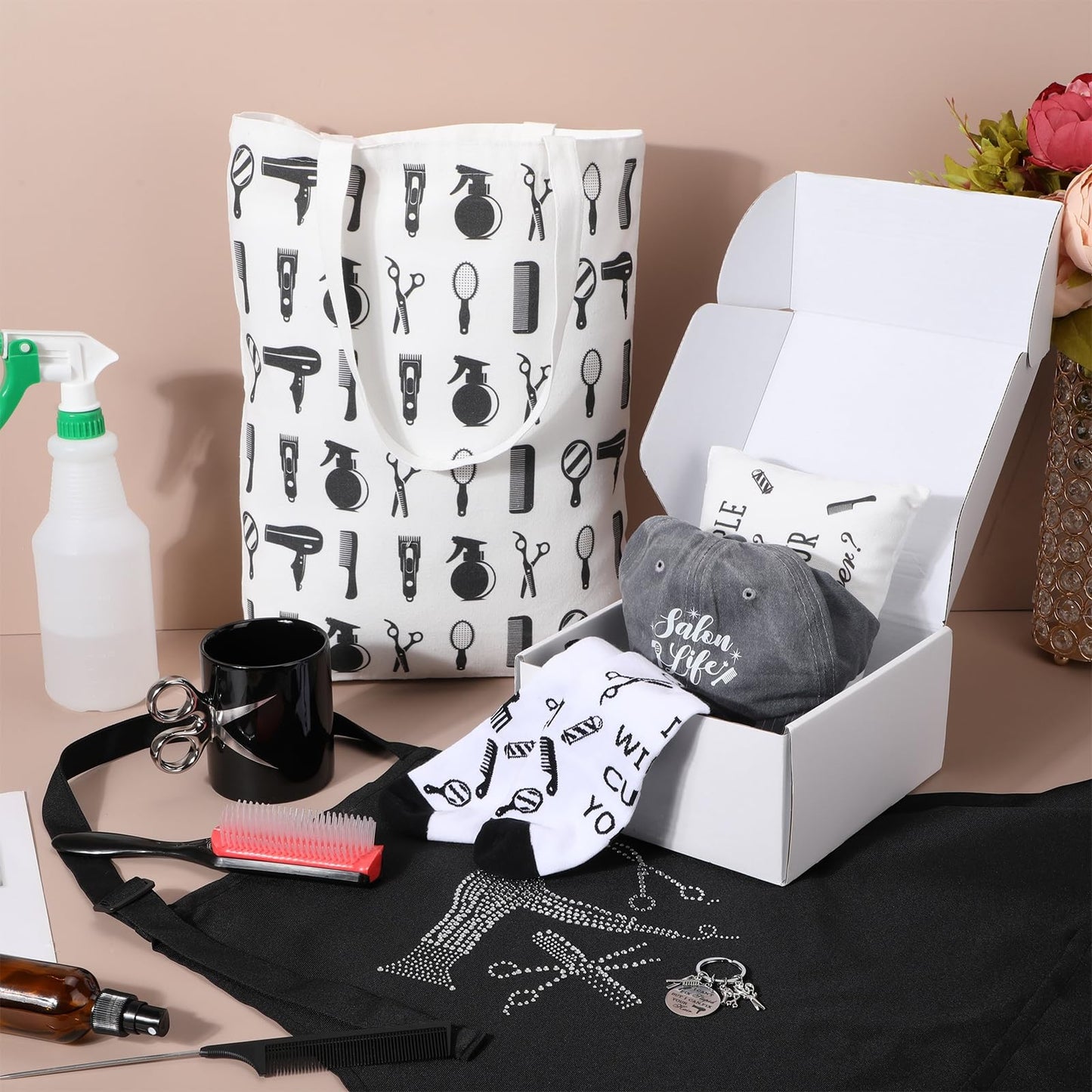 Blosssound 9 Pcs Hairdresser Gifts Set Hair Stylist Gifts with Socks Keychain Scissors Coffee Mug and Apron Makeup Bag Cards Inspirational Graduation Gift Salon Present for Hairdresser