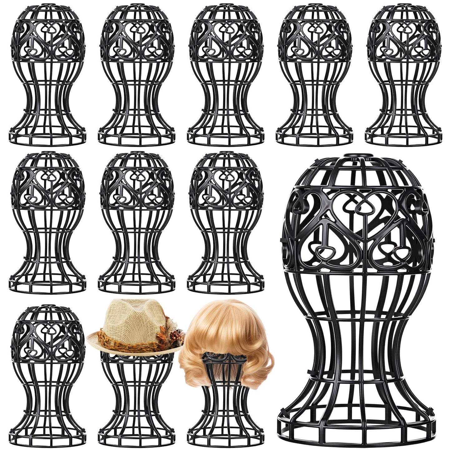 Otoolling 12 Pack Wig Stand Portable Plastic Wig Holder Head Shaped Cutout Design Black Hat Display Stand for Multiple Fake Hair and Hats Storage Organize for Home Salons Business Showcase