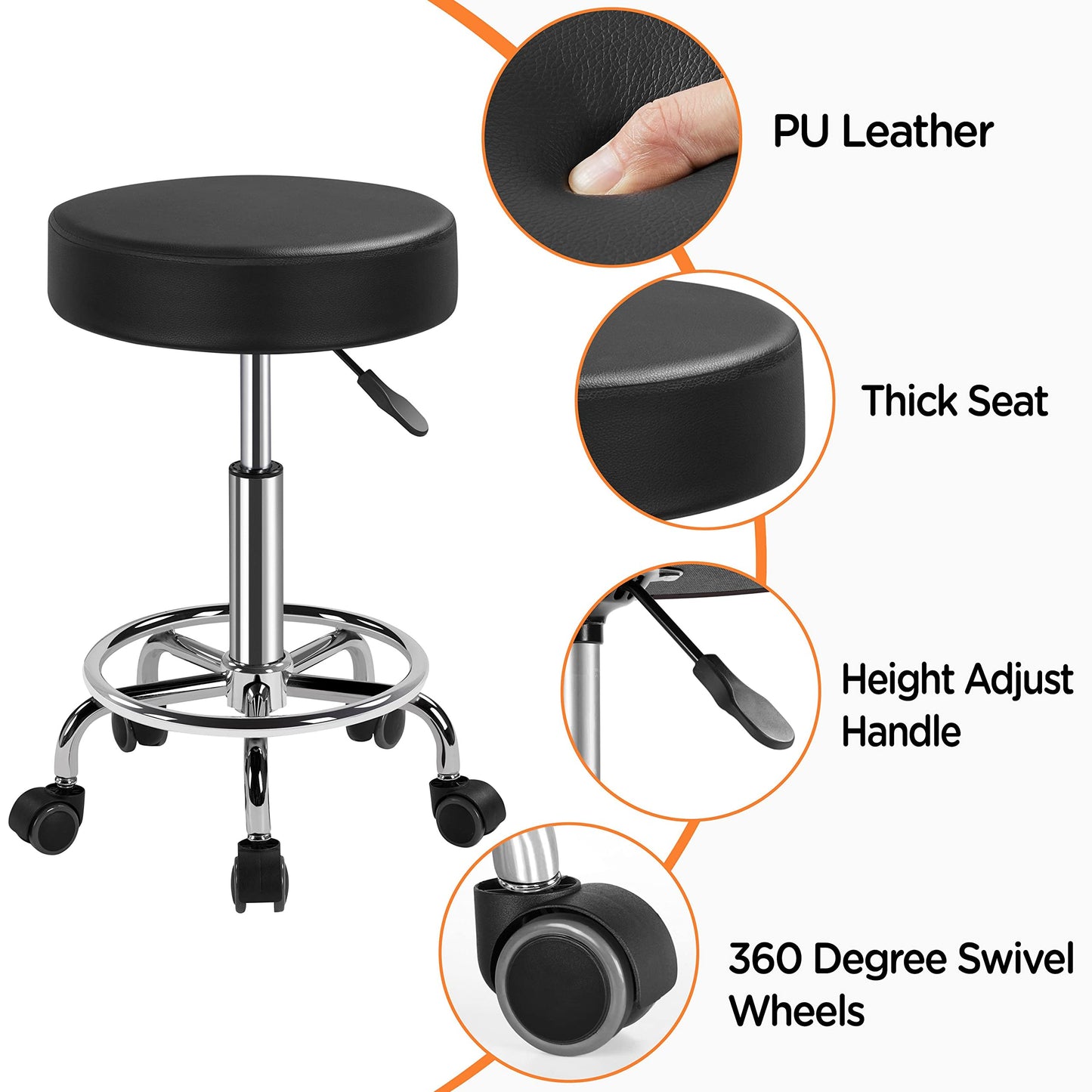 Yaheetech Adjustable Rolling Stool with Wheels Salon Spa Tattoo Chair Black