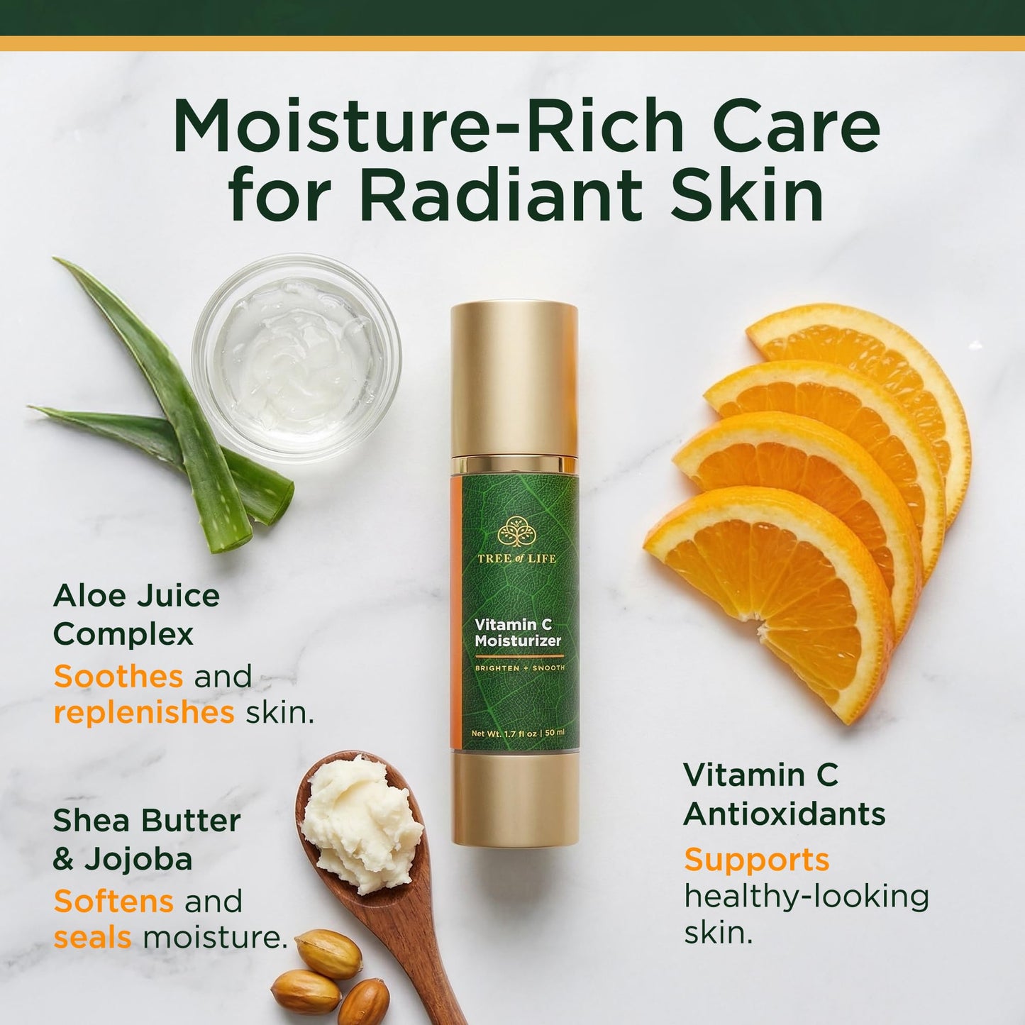 Tree of Life Beauty Moisturizer, Hydrating, Anti-Aging, Reduces Dark Spots & Fine Lines, Brightens, Firmer and Smoother Skin Non Greasy - Vitamin C 1.7 Fl Oz