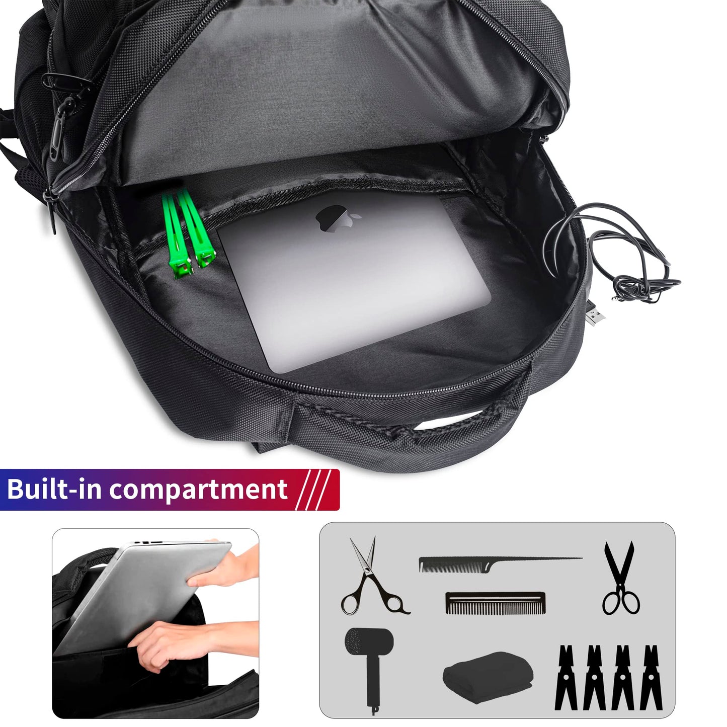 TORIBIO Barber Supplies Bag for Clippers and Supplies, Hairstylist Clipper Portable Backpack for Barber Tools with USB Port (Black)