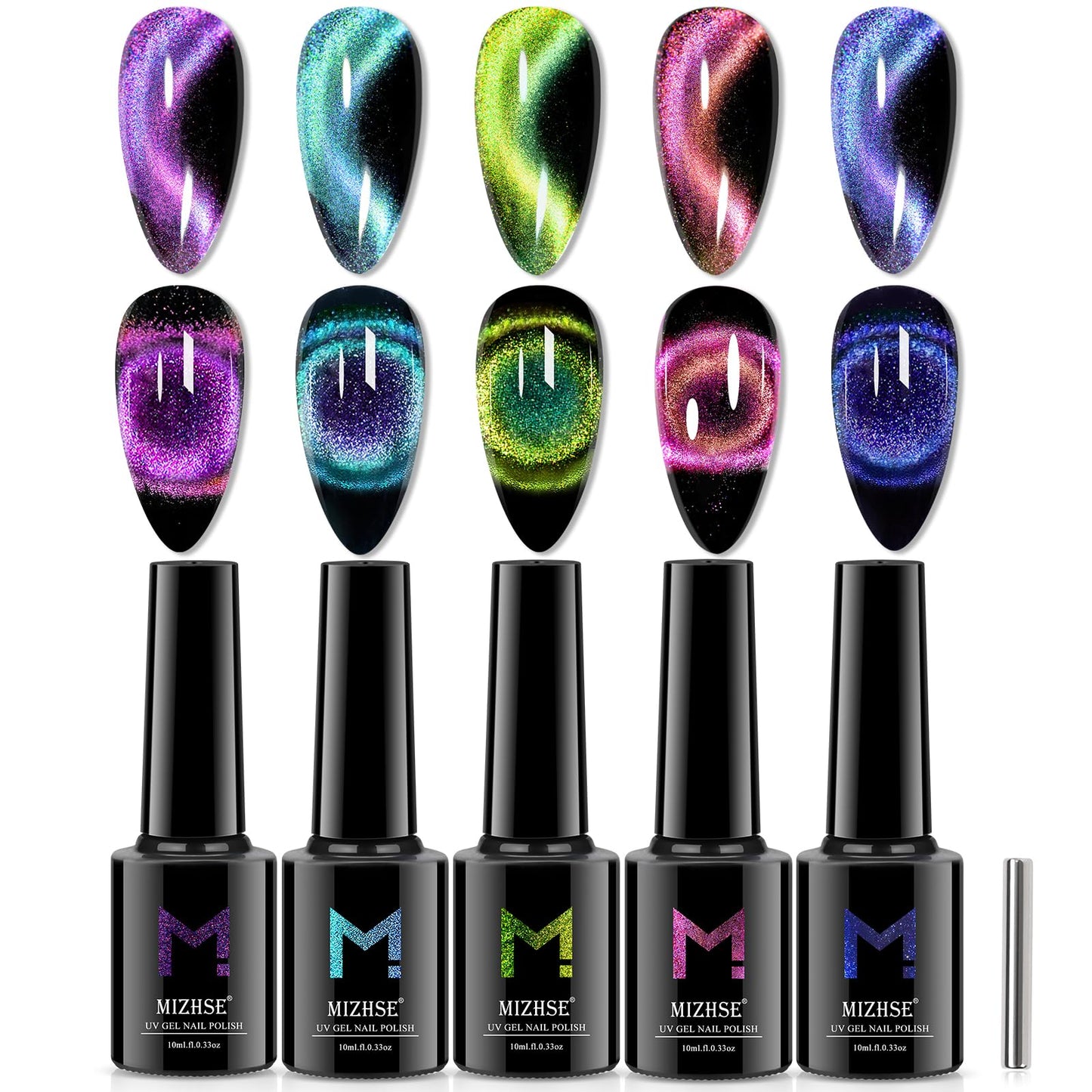 MIZHSE 9D Cat Eye Gel Nail Polish 10ml, Holographic Galaxy Cateye Magnetic Nail Polish Gel, Magic Chameleon Manicure Set 5 Colors