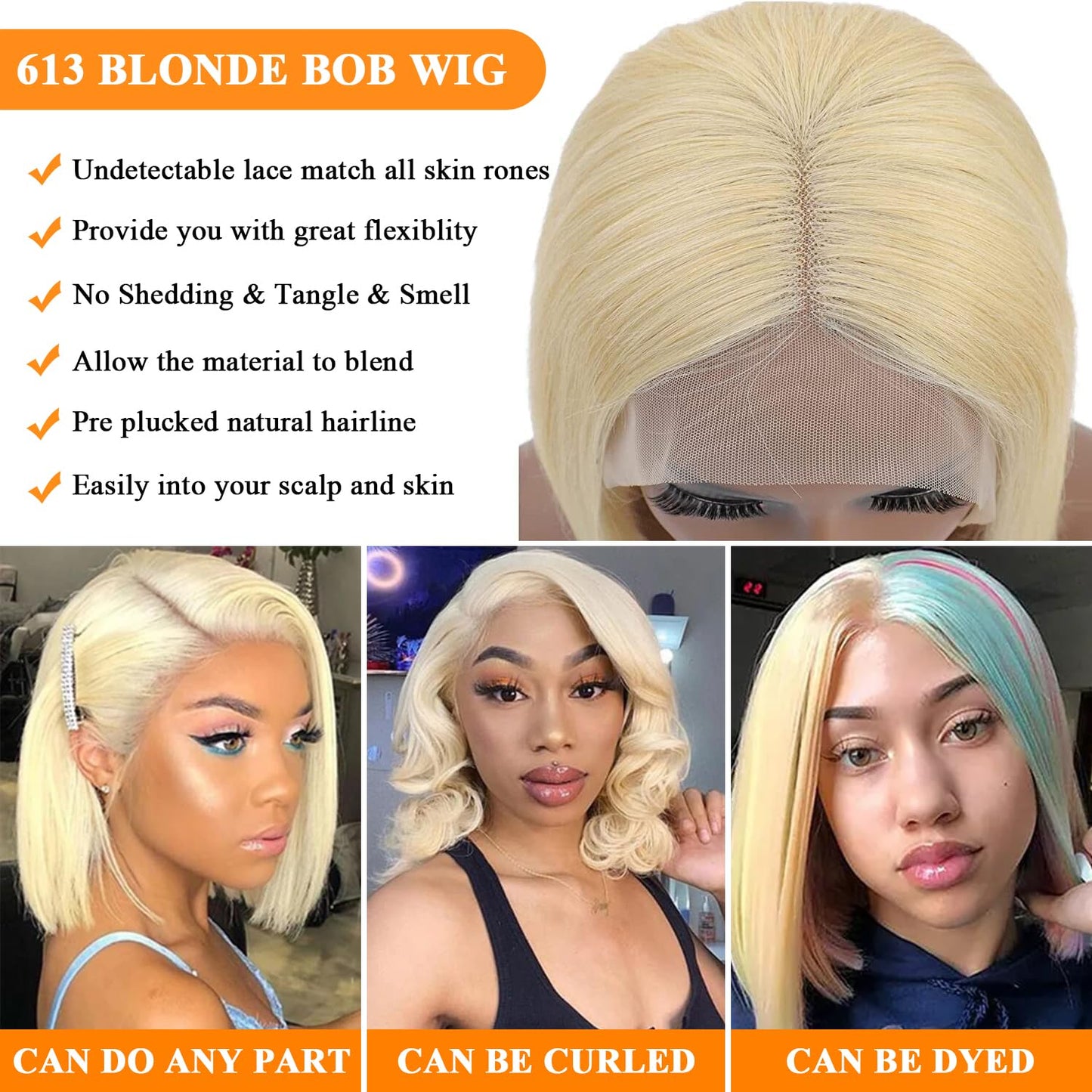 Hertune 613 Short Bob Wig Human Hair Blonde Bob Wig HD Lace Front 8 Inch Short Bob Human Hair Wigs 180% Density Frontal Wigs Pre Plucked with Baby Hair for Black Women