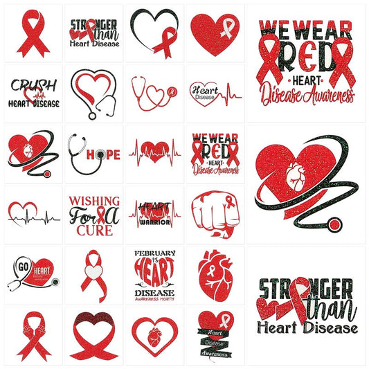 Landhoow 240 Pcs Heart Health Awareness Tattoos Temporary Glitter Awareness Body Sticker for Campaign Favor Charity Supplies, 24 Designs