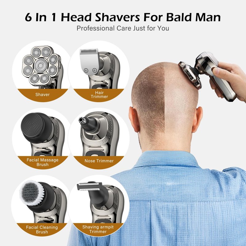 9 Floating Heads Detachable Head Shavers,6 in 1 Electric Razor IPX6 Waterproof for Bald Men, Wet Dry Mens Grooming Kit,LED Display Rechargeable 9D Rotary Shaver Grooming Kit with Type-C Charge