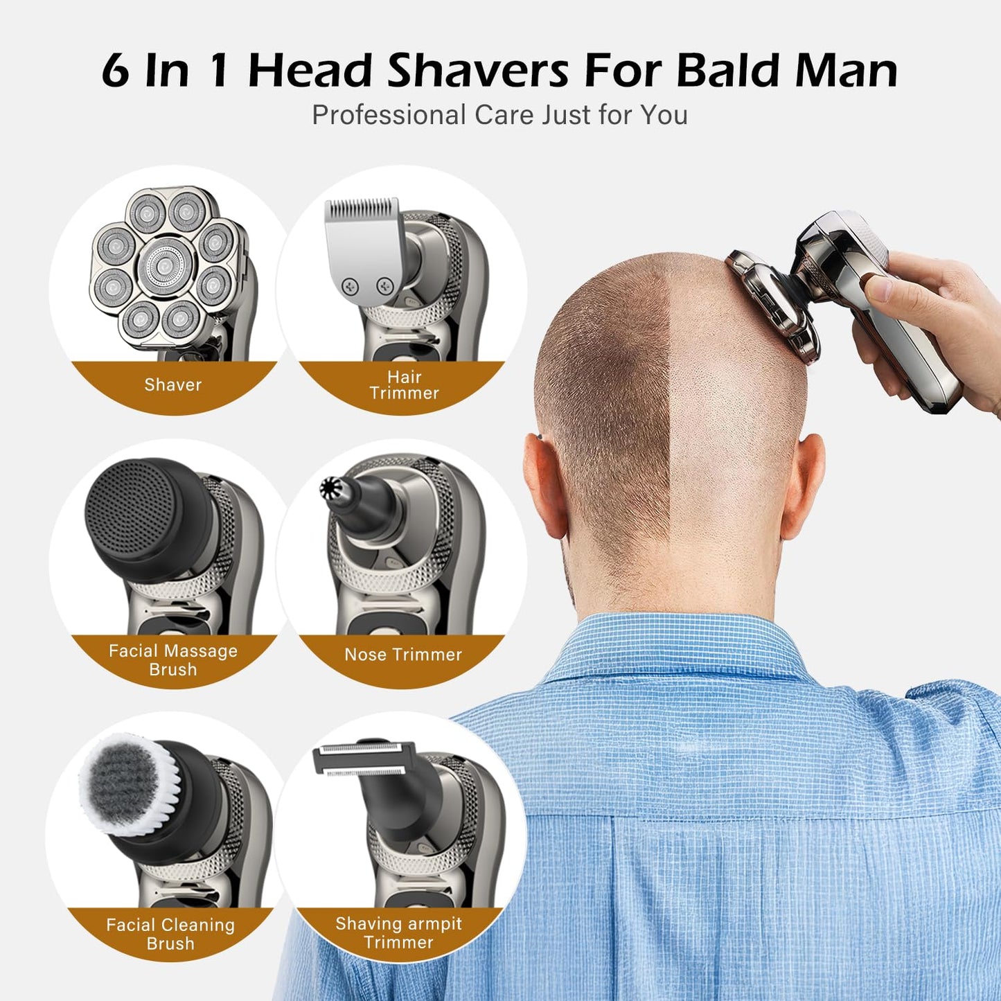 9 Floating Heads Detachable Head Shavers,6 in 1 Electric Razor IPX6 Waterproof for Bald Men, Wet Dry Mens Grooming Kit,LED Display Rechargeable 9D Rotary Shaver Grooming Kit with Type-C Charge
