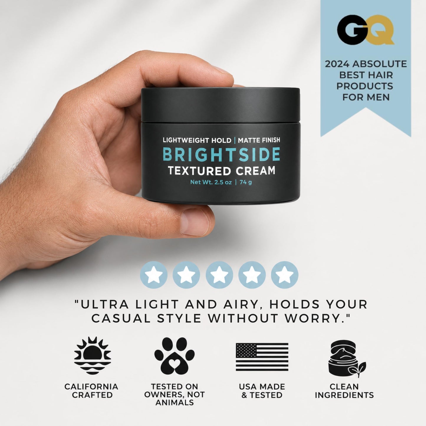 Brightside Textured Cream | Lightweight Hold Matte Finish | Water Based Clay Blend | for All Hair Types | Styling Product