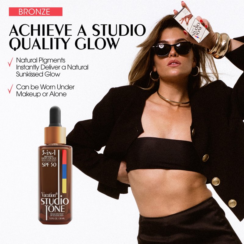 Vacation Studio Tone SPF 50 Sunscreen Bronzing Drops For Face, Sunkissed Skin Bronzer, Makeup-Friendly Tan Drops, Non-Comedogenic, Broad Spectrum Sun Block, Vegan & Cruelty-Free, 1 Fl. Oz.