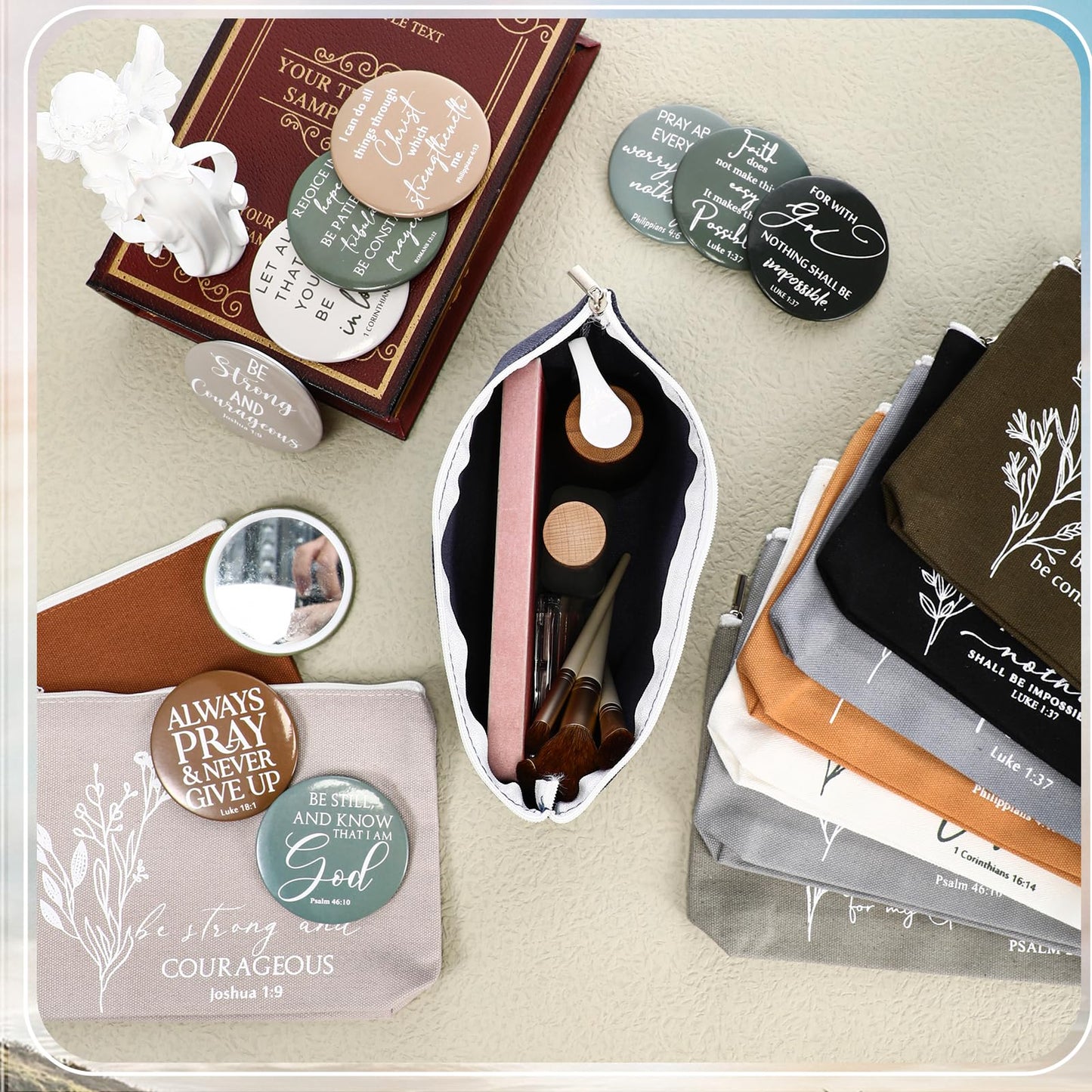 Reginary 20 Set Christian Inspirational Gifts for Women Bulk 20 Religious Canvas Makeup Bag 20 Bible Verse Compact Mirror Motivational Church Scripture Gifts for Ladies(Neutral Colors,Aesthetic Style)