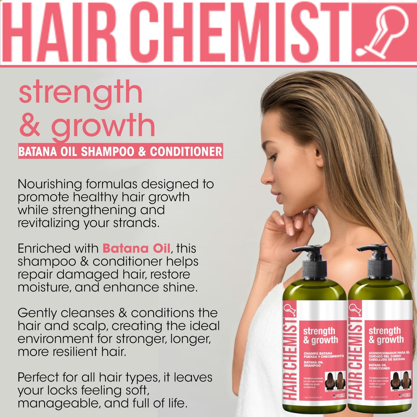 Hair Chemist Strength & Growth Batana Oil Shampoom Conditioner Set 33.8 oz. & Hair Oil 7.1 oz. (3-PC Set) - Batana Shampoo and Conditioner for Hair Growth, Thickening and Strength